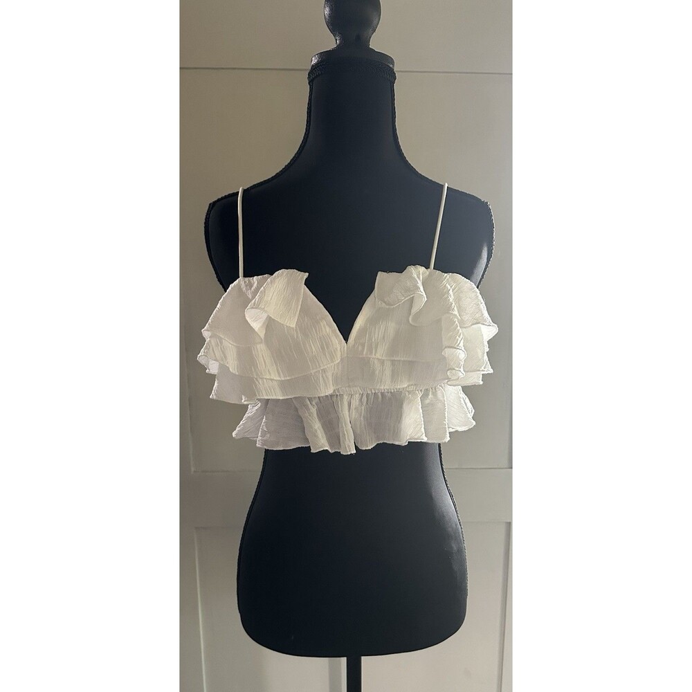 White Ruffle Crop Top Tank Top Smock Elastic Back Sz S